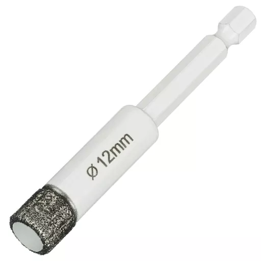 Алмазная коронка по керамограниту, керамике и камню 12 мм Universal Diamond Industrial, вакуумная пайка, 1/4″ HEX