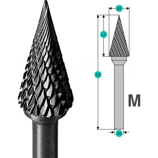 Борфреза твердосплавная тип M 10х20 мм S=6 мм коническая заостренная Diamond Industrial